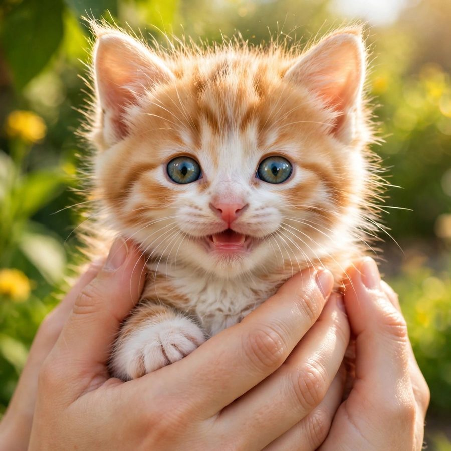 An orange kitten held in two hands
