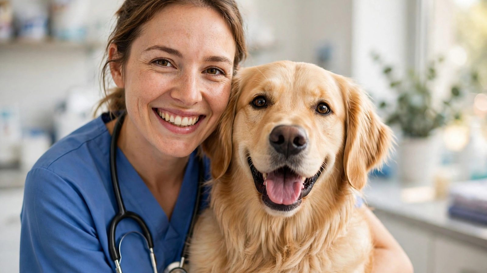 A veterinarian smiling beside a golden retriever